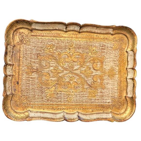Vintage Florentine Tray Gold Gilded Italian Wooden Ornate 15.5x10.5" Rectangular - Picture 4 of 11